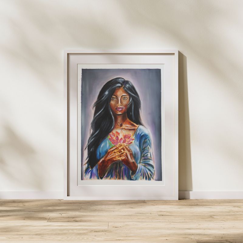 Radiance original mixed media portrait - 18x24 divine feminine art with glowing lotus by Vancouver artist Art by Krit