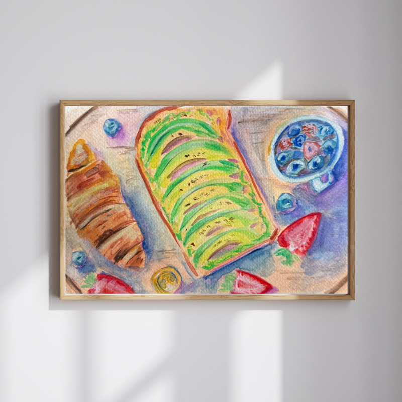Avocado Toast & Berries original gouache painting - 7x10 inch Vancouver brunch art by Art by Krit - contemporary kitchen wall decor