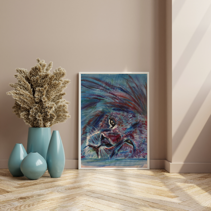 Fierce Spirit lion portrait - original mixed media painting in blues and purples by Vancouver artist Art by Krit