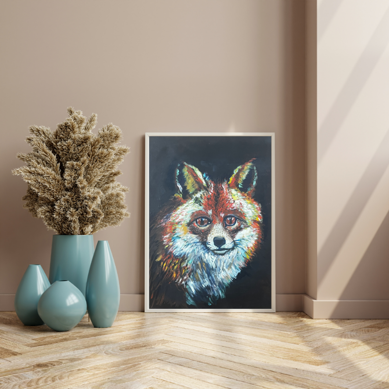 Iridescent fox oil painting - contemporary wildlife art by Vancouver artist Krit