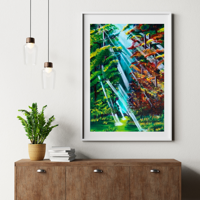 Fall Forest original acrylic painting - dramatic sunbeams through autumn trees by Vancouver artist Art by Krit