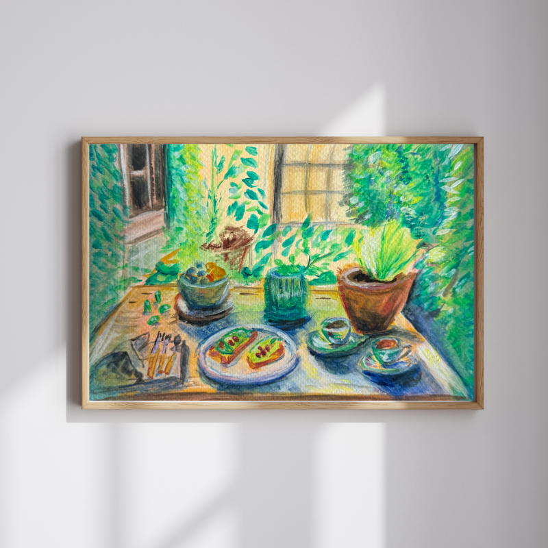 Brunch on the Terrace original gouache painting - 7x10 inch Vancouver outdoor dining scene by Art by Krit