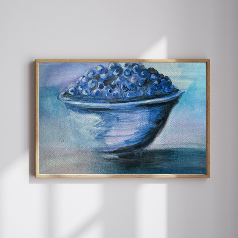 Blueberry bowl study original gouache painting - 7x10 inch monochromatic blueberry art by Vancouver artist Art by Krit