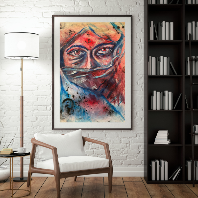 Veiled Intensity portrait art print - contemporary mixed media artwork with dramatic red and blue tones by Vancouver artist Art by Krit