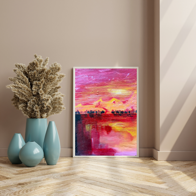 Original mixed media sunset painting - dramatic Vancouver landscape by Art by Krit