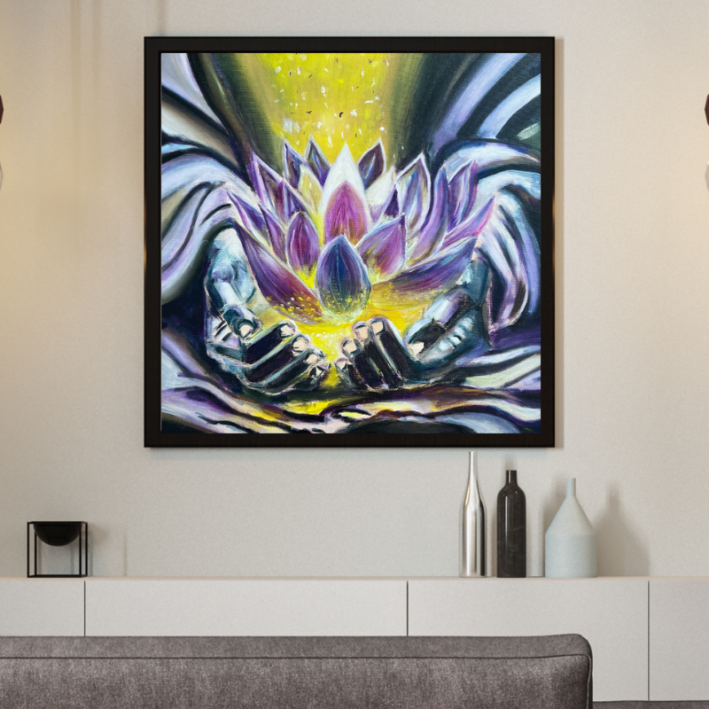 Glowing Hands original mixed media painting - mystical lotus and golden light by Vancouver artist Art by Krit