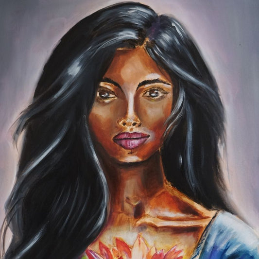 Radiance original mixed media portrait - 18x24 divine feminine art with glowing lotus by Vancouver artist Art by Krit