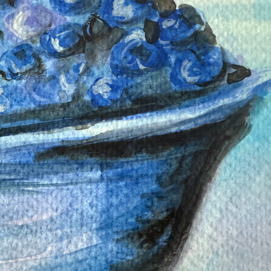 Blueberry bowl study original gouache painting - 7x10 inch monochromatic blueberry art by Vancouver artist Art by Krit