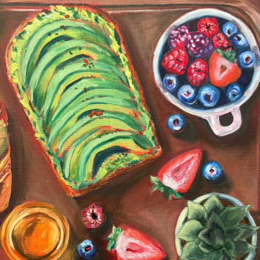 Luxurious brunch spread with avocado toast, berries and pastries - original oil painting