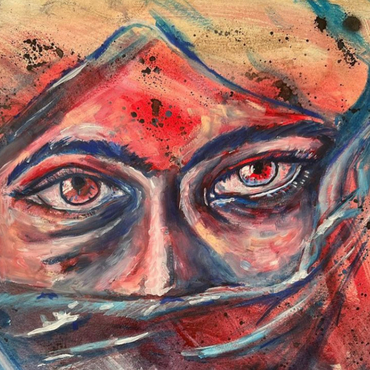 Veiled Intensity portrait art print - contemporary mixed media artwork with dramatic red and blue tones by Vancouver artist Art by Krit
