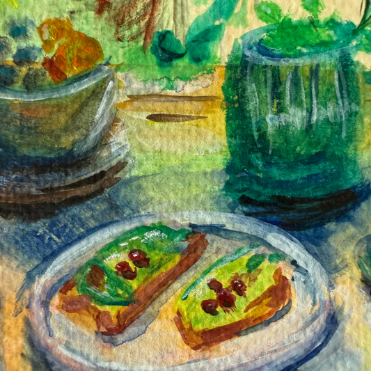 Brunch on the Terrace original gouache painting - 7x10 inch Vancouver outdoor dining scene by Art by Krit