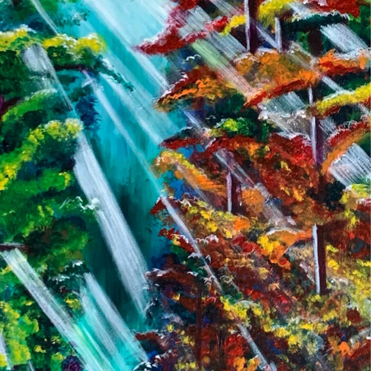 Fall Forest original acrylic painting - dramatic sunbeams through autumn trees by Vancouver artist Art by Krit