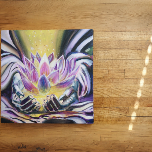 Glowing Hands original mixed media painting - mystical lotus and golden light by Vancouver artist Art by Krit