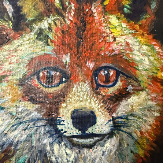 Iridescent fox oil painting - contemporary wildlife art by Vancouver artist Krit