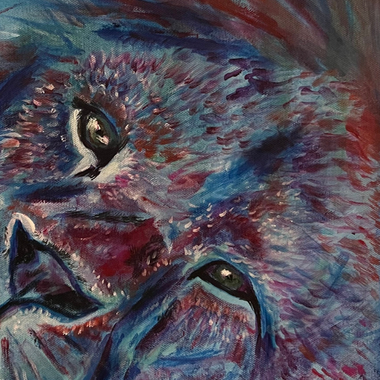 Fierce Spirit lion portrait - original mixed media painting in blues and purples by Vancouver artist Art by Krit