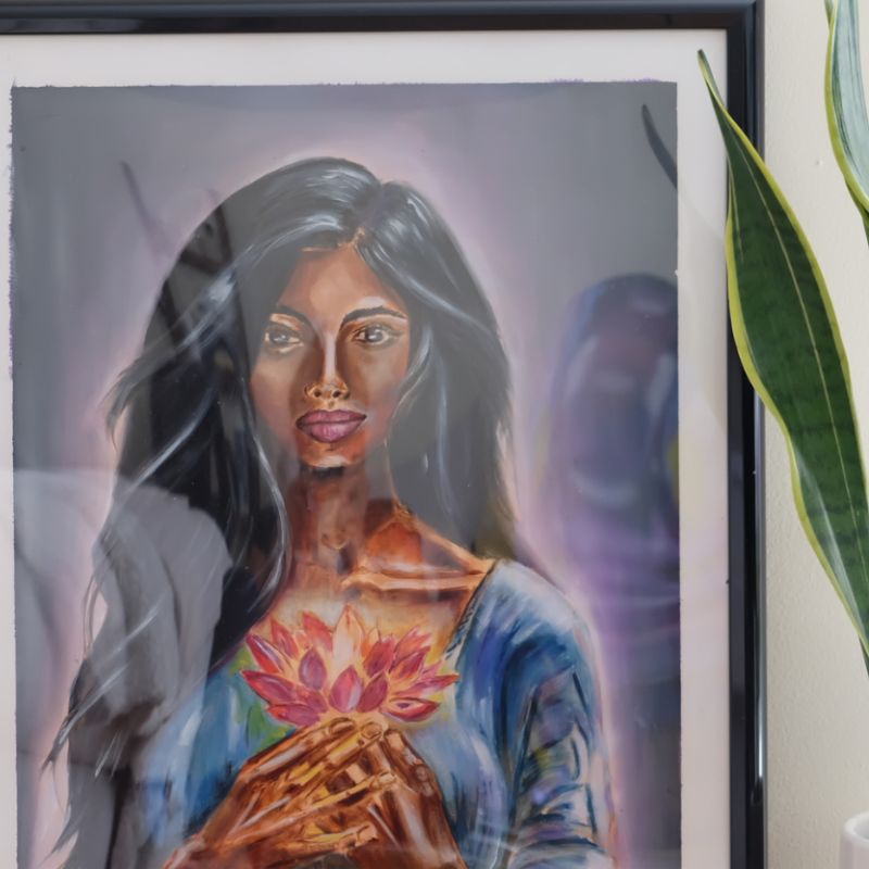 Radiance original mixed media portrait - 18x24 divine feminine art with glowing lotus by Vancouver artist Art by Krit