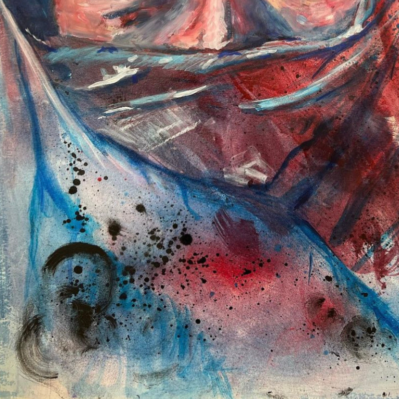 Veiled Intensity portrait art print - contemporary mixed media artwork with dramatic red and blue tones by Vancouver artist Art by Krit