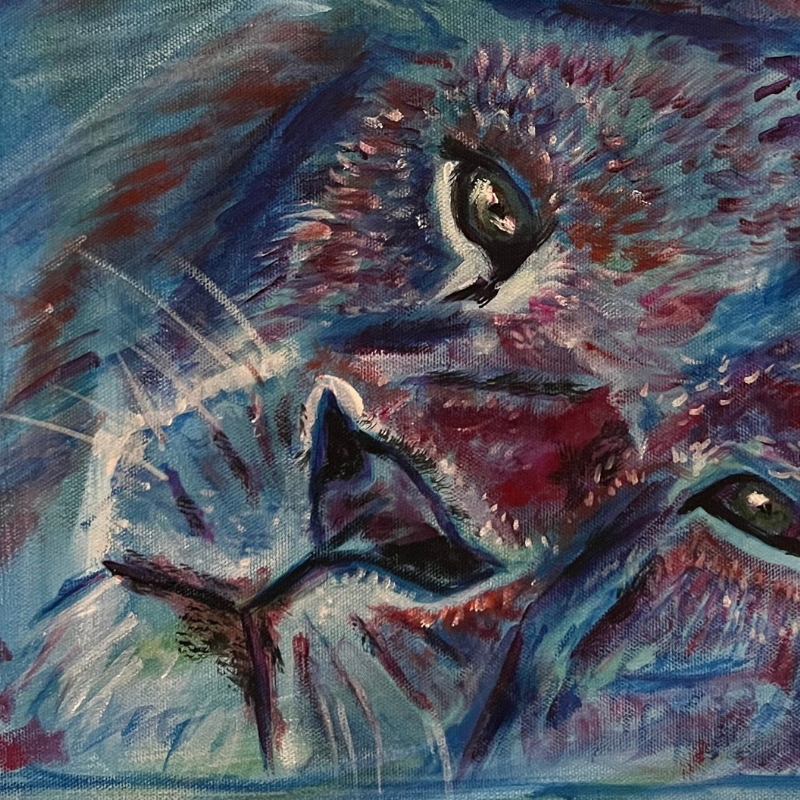 Fierce Spirit lion portrait - original mixed media painting in blues and purples by Vancouver artist Art by Krit