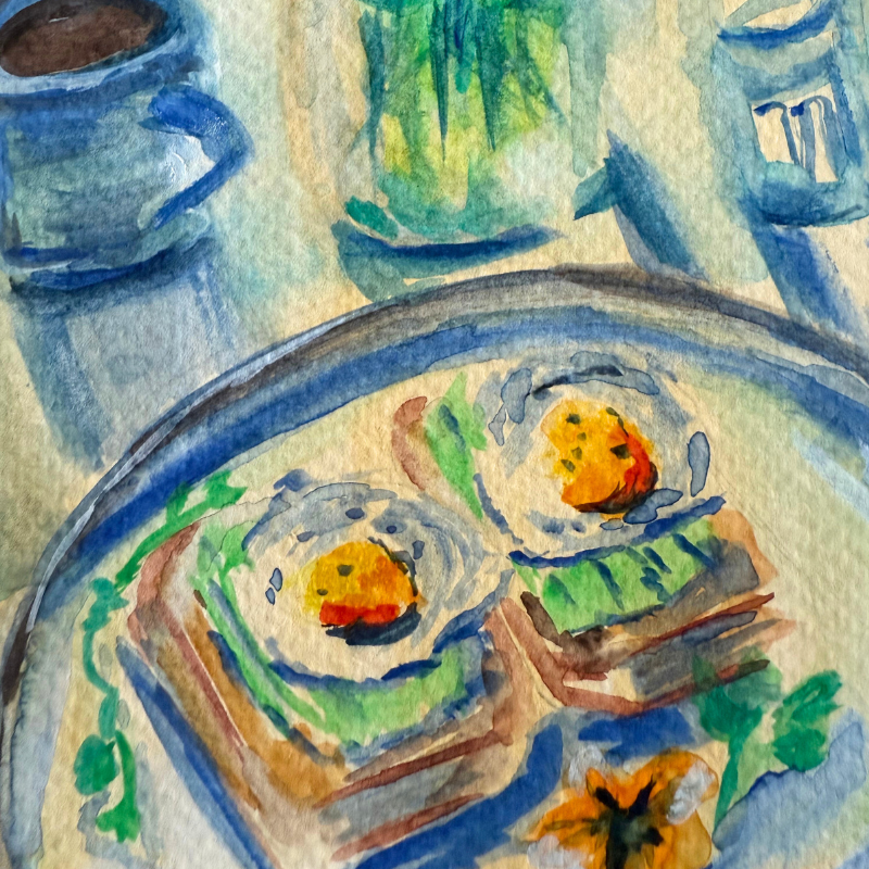 Spring Brunch original gouache painting - 7x10 inch seasonal kitchen art with flowers by Art by Krit