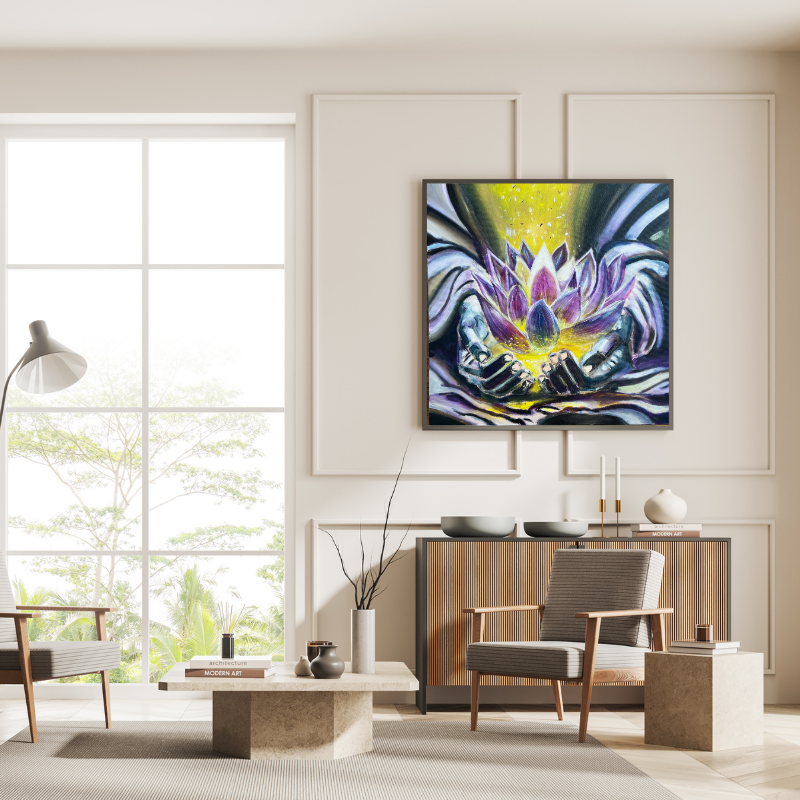 Glowing Hands original mixed media painting - mystical lotus and golden light by Vancouver artist Art by Krit