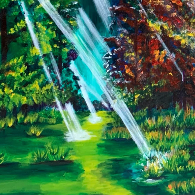 Fall Forest original acrylic painting - dramatic sunbeams through autumn trees by Vancouver artist Art by Krit