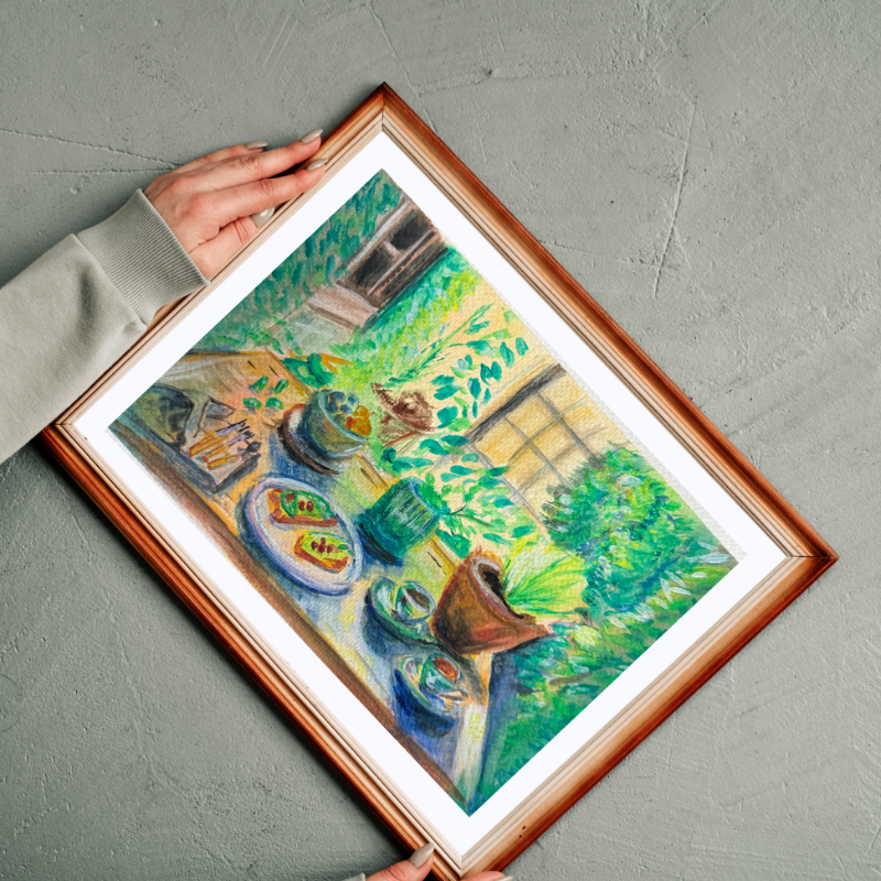 Brunch on the Terrace original gouache painting - 7x10 inch Vancouver outdoor dining scene by Art by Krit