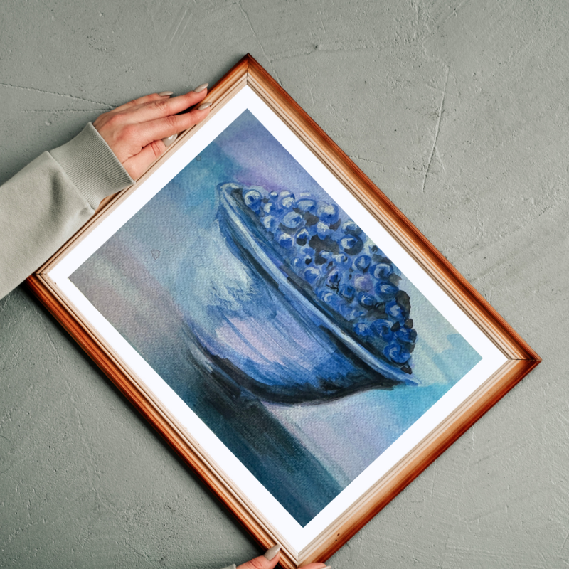 Blueberry bowl study original gouache painting - 7x10 inch monochromatic blueberry art by Vancouver artist Art by Krit