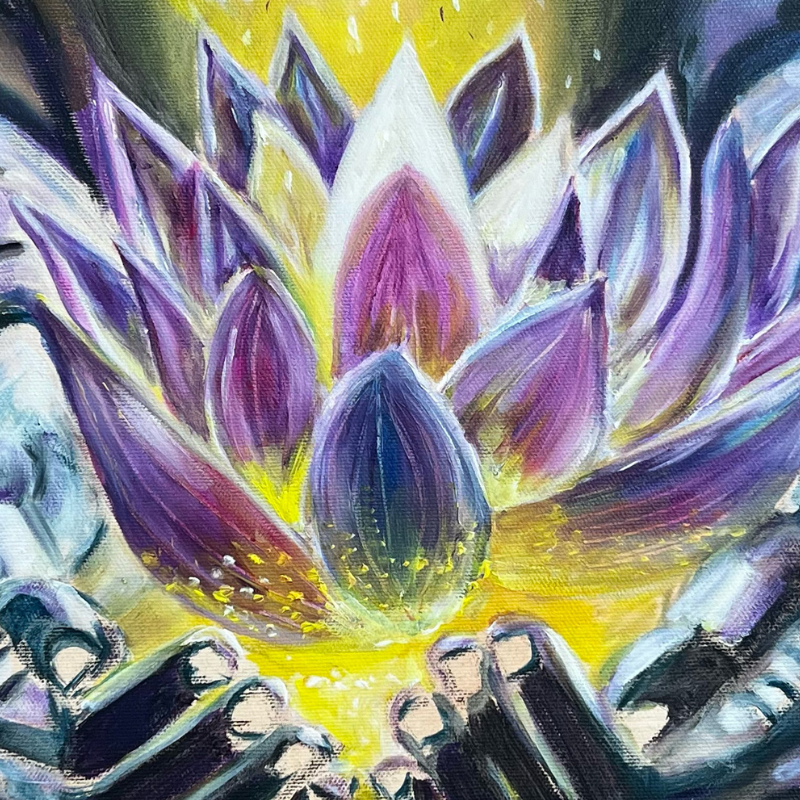 Glowing Hands original mixed media painting - mystical lotus and golden light by Vancouver artist Art by Krit