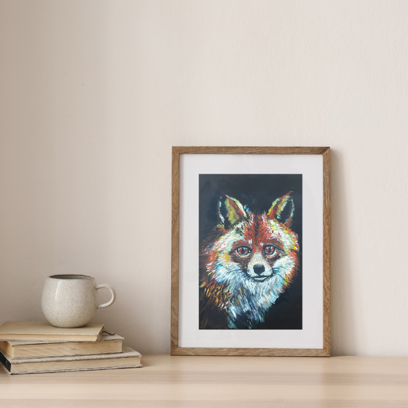 Iridescent fox oil painting - contemporary wildlife art by Vancouver artist Krit
