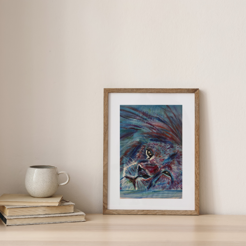 Fierce Spirit lion portrait - original mixed media painting in blues and purples by Vancouver artist Art by Krit