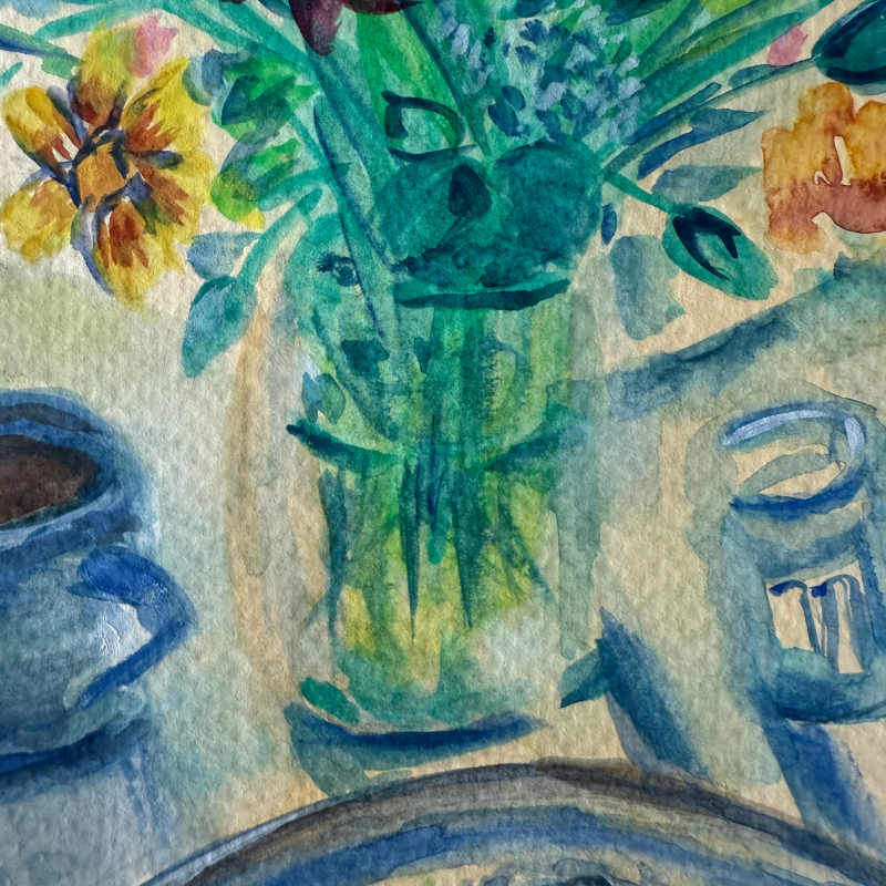 Spring Brunch original gouache painting - 7x10 inch seasonal kitchen art with flowers by Art by Krit