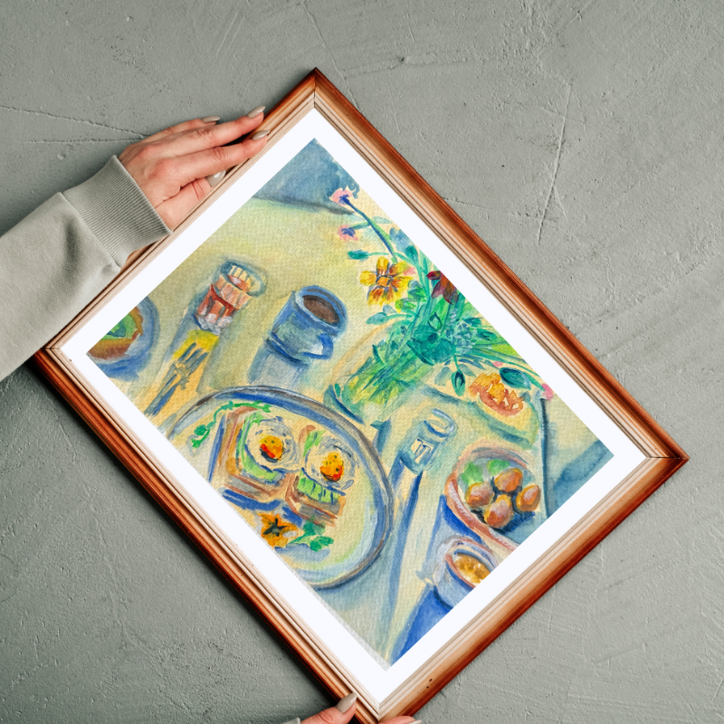 Spring Brunch original gouache painting - 7x10 inch seasonal kitchen art with flowers by Art by Krit