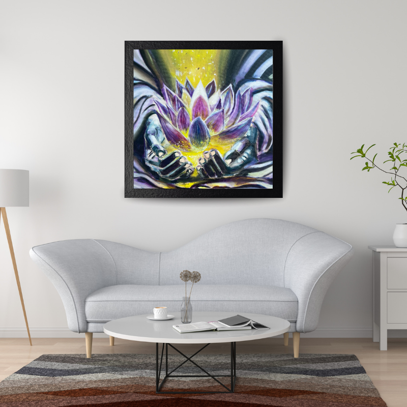 Glowing Hands original mixed media painting - mystical lotus and golden light by Vancouver artist Art by Krit