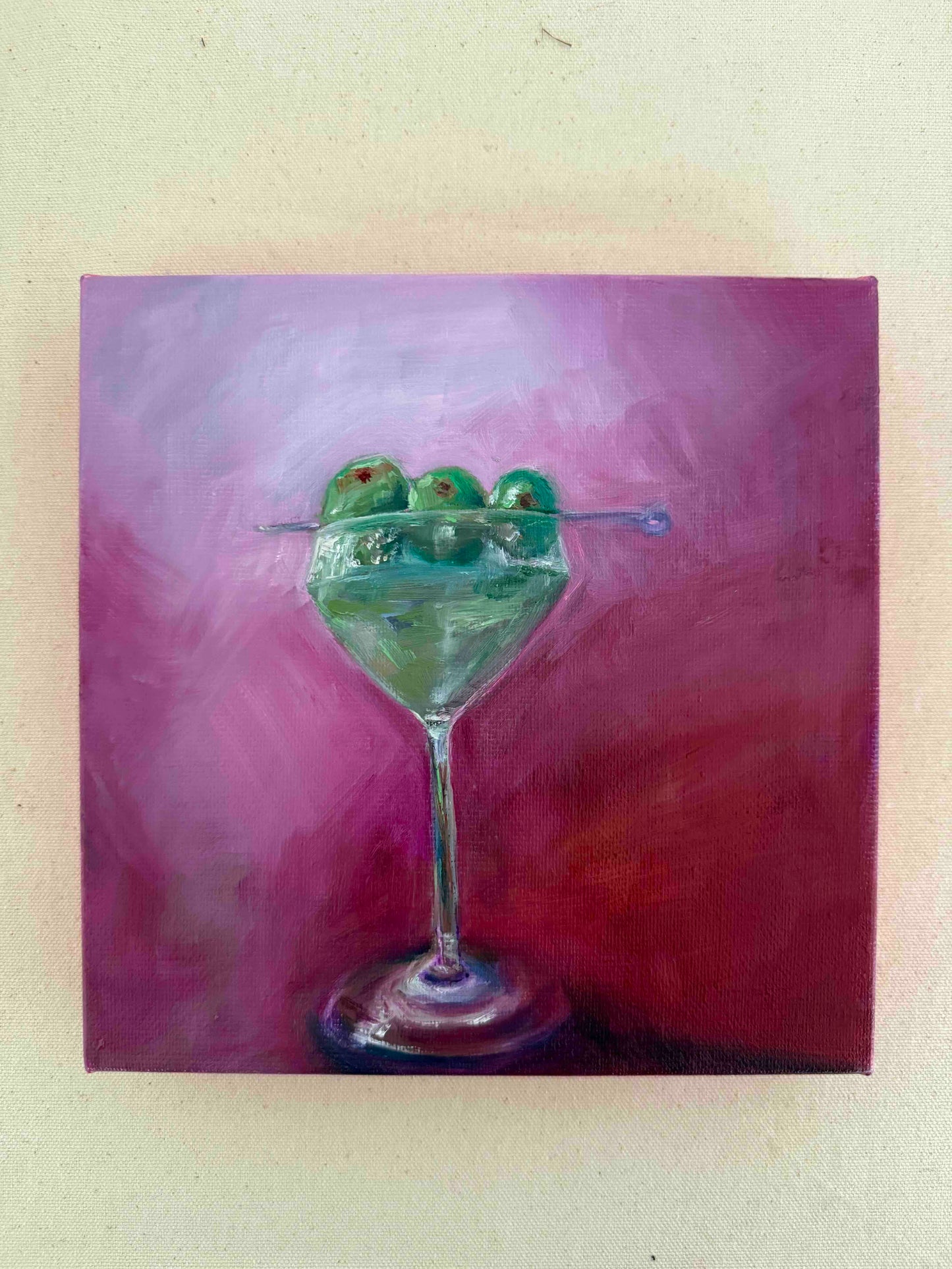 Dirty Martini — original oil painting by Kritteka, 8x8 in, purple background with olive garnish
