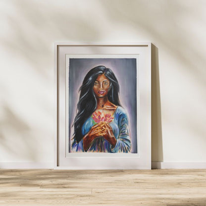 Radiance original mixed media portrait - 18x24 divine feminine art with glowing lotus by Vancouver artist Art by Krit