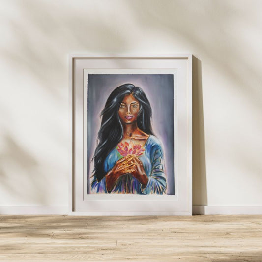 Radiance original mixed media portrait - 18x24 divine feminine art with glowing lotus by Vancouver artist Art by Krit
