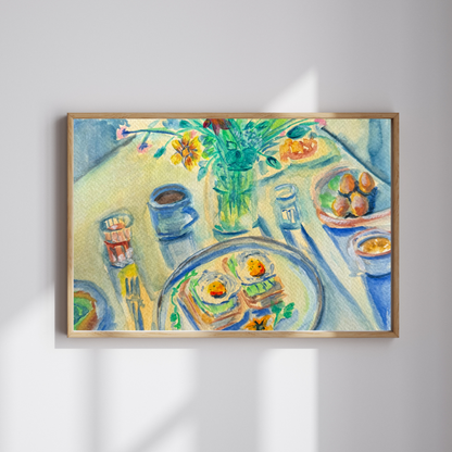 Spring Brunch original gouache painting - 7x10 inch seasonal kitchen art with flowers by Art by Krit