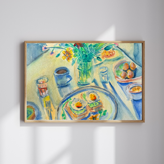 Spring Brunch original gouache painting - 7x10 inch seasonal kitchen art with flowers by Art by Krit