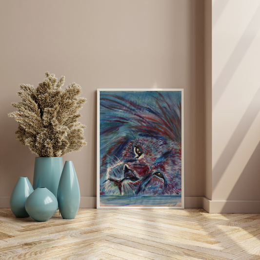 Fierce Spirit lion portrait - original mixed media painting in blues and purples by Vancouver artist Art by Krit