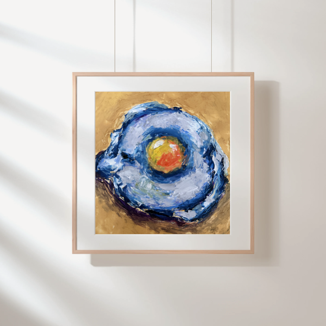 Gold Series - Fried Egg original oil painting by Kritteka, shown framed on a white wall