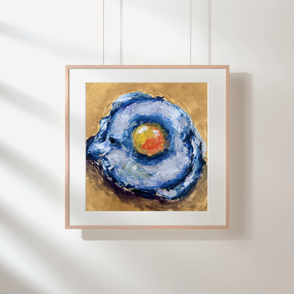 Gold Series - Fried Egg original oil painting by Kritteka, shown framed on a white wall