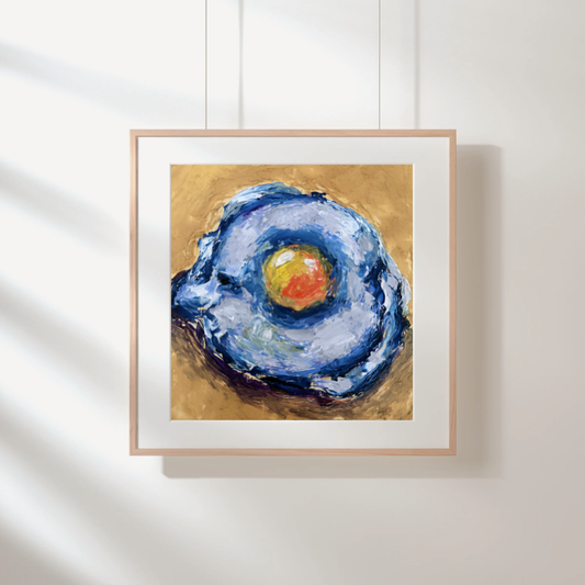 Gold Series - Fried Egg original oil painting by Kritteka, shown framed on a white wall