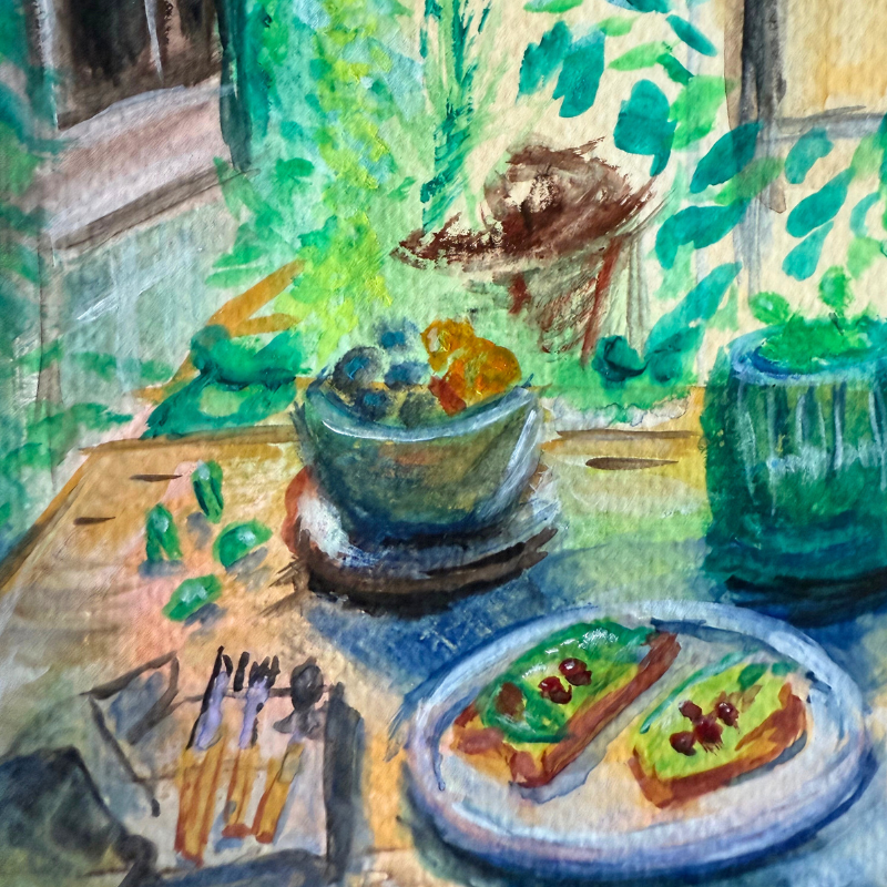 Brunch on the Terrace original gouache painting - 7x10 inch Vancouver outdoor dining scene by Art by Krit