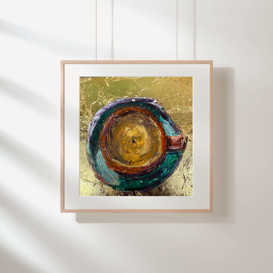 Gold Series - Latte original oil painting by Kritteka, framed on a white wall