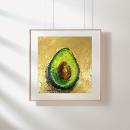 Gold Series - Avo original oil painting by Kritteka, framed on a white wall