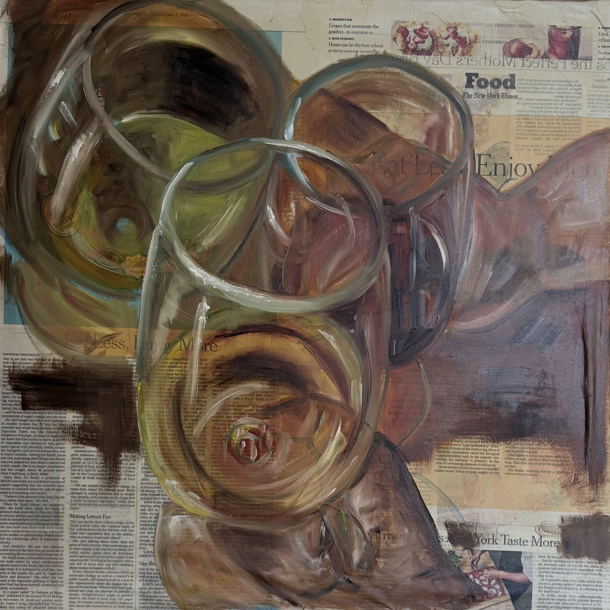 Cheers, original oil painting of three wine glasses on newspaper collage by Krit