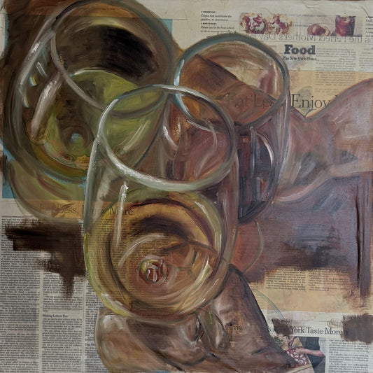 Cheers, original oil painting of three wine glasses on newspaper collage by Krit