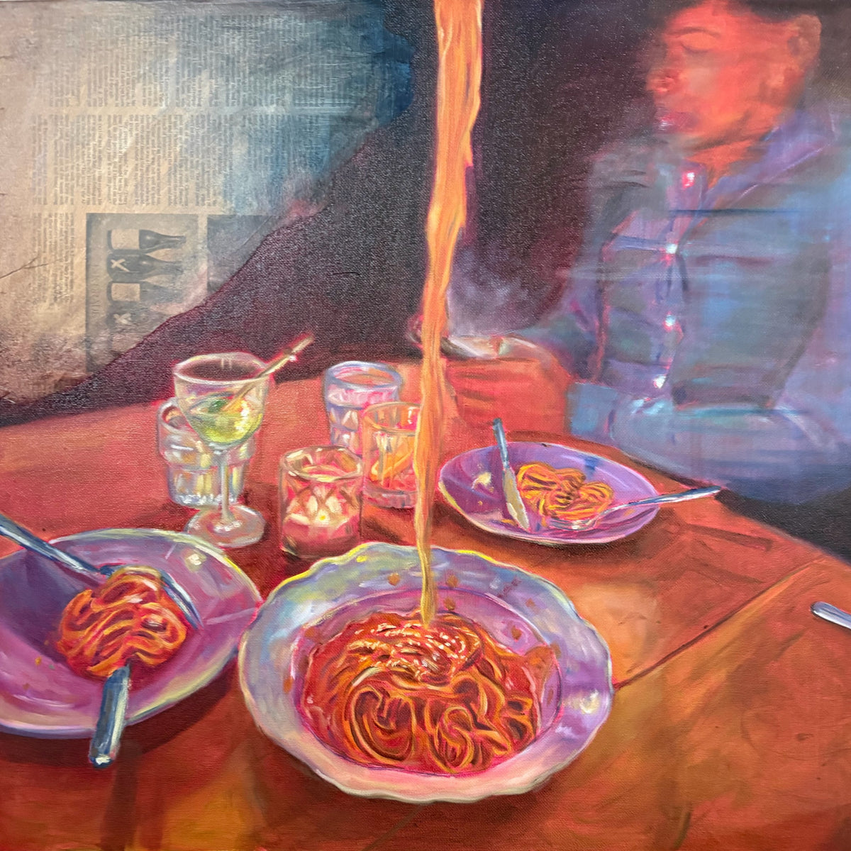 Italian Dinner, original oil painting of spaghetti and shared table by Krit