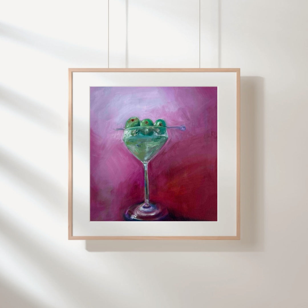 Dirty Martini painting by Kritteka shown framed on a wall, lifestyle mockup
