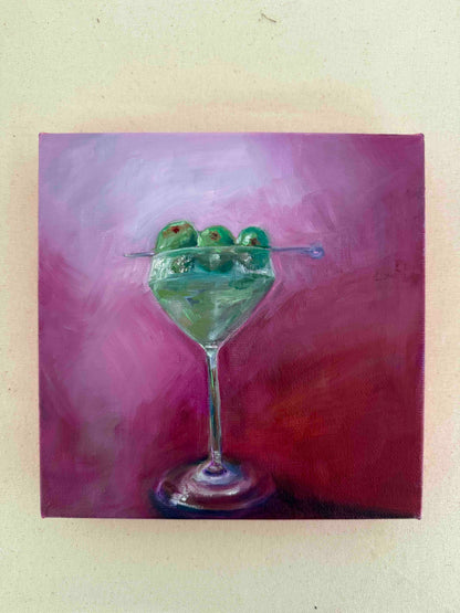 Dirty Martini — original oil painting by Kritteka, 8x8 in, purple background with olive garnish

